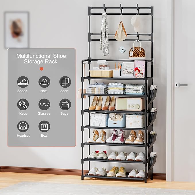 Shoe Rack 7 Tier Shoe Organizer Storage 21-28 Pairs | Closet Shoes Rack for Front Door Entrance Shoe Rack Organizer with Hooks Side Pocket Entryway Large Capacity Shoe Shelf Tower