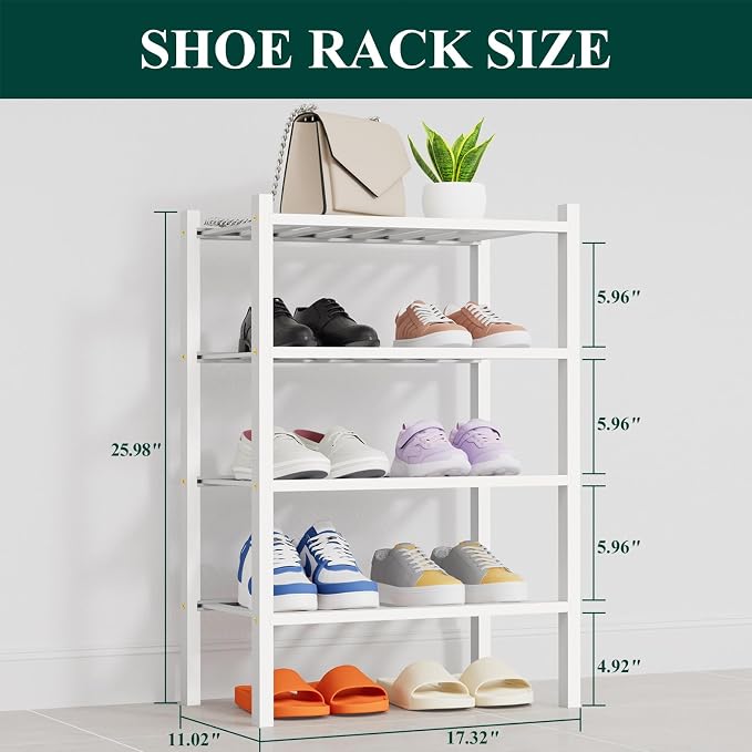 Smiry Bamboo Shoe Rack, 14 Vertical Slats, 4 Tier - 17.3" Wide, White | Stackable Free Standing Wooden Shoe Organizer, Wood Shoe Storage Shelf for Closet, Entryway, Thicher Leg