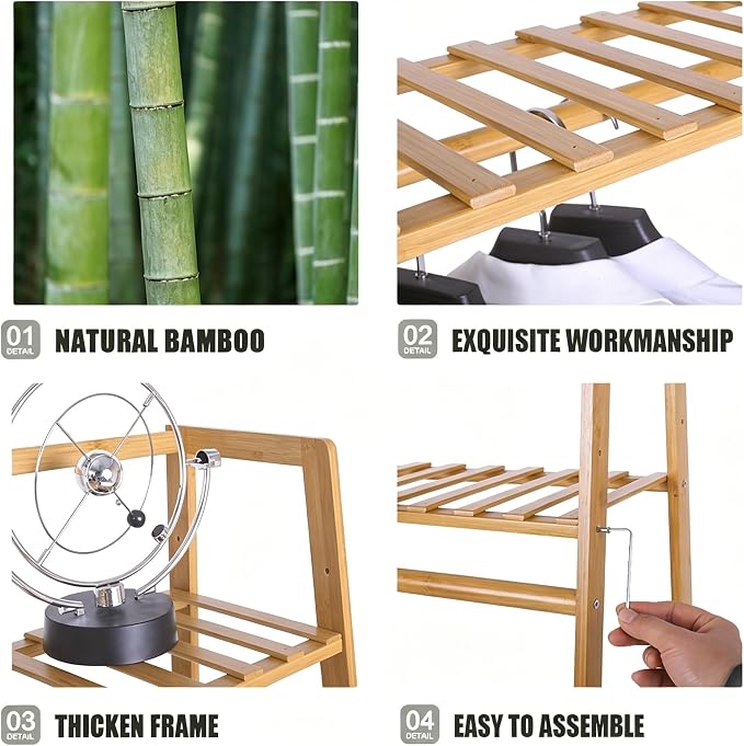 Ufine Bamboo Garment Rack with 7-Tier Storage Shelves & Hanging Rod | Portable Clothes Hanging Rack Minimalism Wardrobe Closet Organizer for Living Room