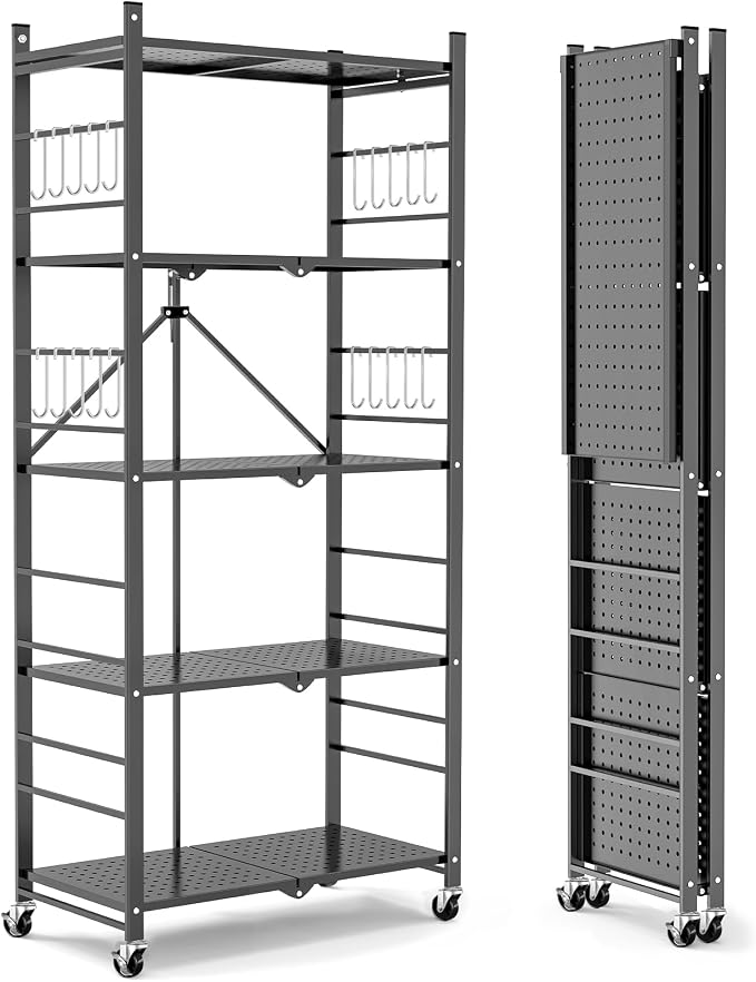 Himix 5-Tier Foldable Storage Shelves with 20 Hooks Wheels Grey Display | Folding shelving units, Metal collapsible organization, Wire shelf, No assembly, Bookshelf, Kitchen, Home rack, Holds 440 Ibs