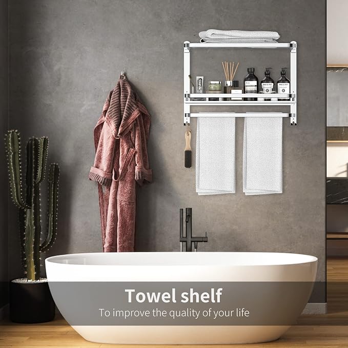 CAXIMSY Towel Rack with Shelf, 22.63" Bathroom Shelf with Double Towel Bars Stainless Steel, Wall Mounted, Foldable Top, 2 Hooks, Adhesive/Screw Install, Space-Saving for Small Bathrooms & Apartments