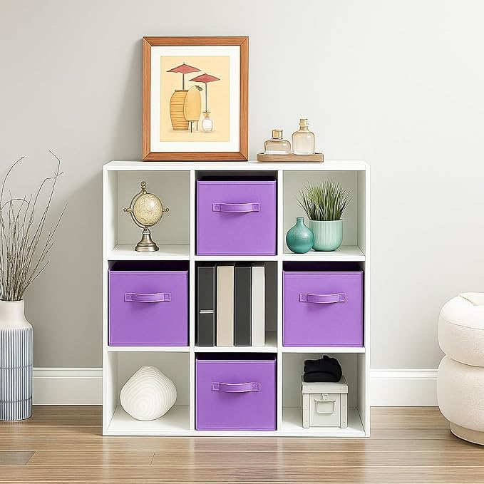 PowerKing Collapsible Storage Cubes, Farbic Storage Bins, Violet, 6 Pack | Sturdy, Lightweight, Easy Pull Handle, Closet & Shelf Organizer, Clothes and Toys Storage, 10.5'' x 11'' x 10.5''