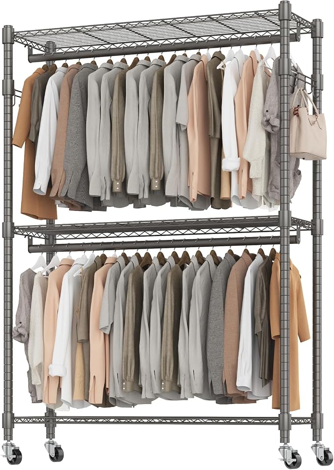 BATHWA Clothes Racks for Hanging Clothes, 25 mm tube Heavy Duty 47.3"W x 17.7"D x 80.7"H Large Wardrobe Rack with Shelves & Wheels Rolling Multifuctional for Bedroom Laundry Walk-in Closet Organizer