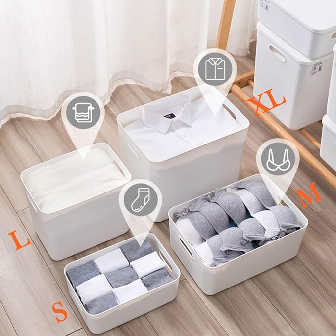 4 pack large plastic White storage bins with Lids, Toy Box Chest with Handle,Organizer Containers Baskets for Baby,Nursery,Shelves,Playroom, Bedroom,Office,Closet,home (White, 4M)
