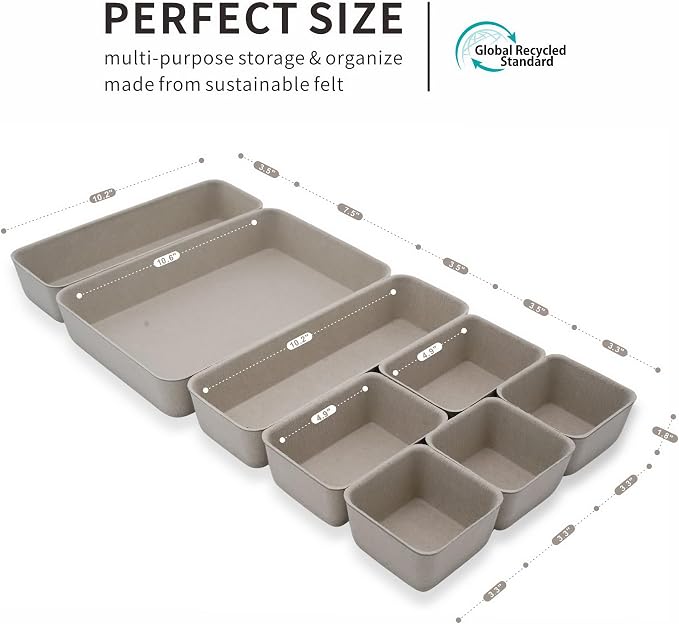 Welaxy Minimalist Felt Desk Drawer Organizer Tray 8pc Stone Storage Bins