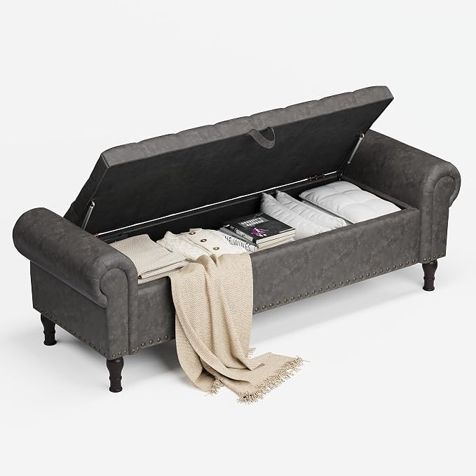 YOUDENOVA Ottoman with Storage, 60" End of Bed Bench with Rolled Arms, Upholstered Storage Bench with Vintage Rivets for Bedroom, Living Room, Entryway, Gray