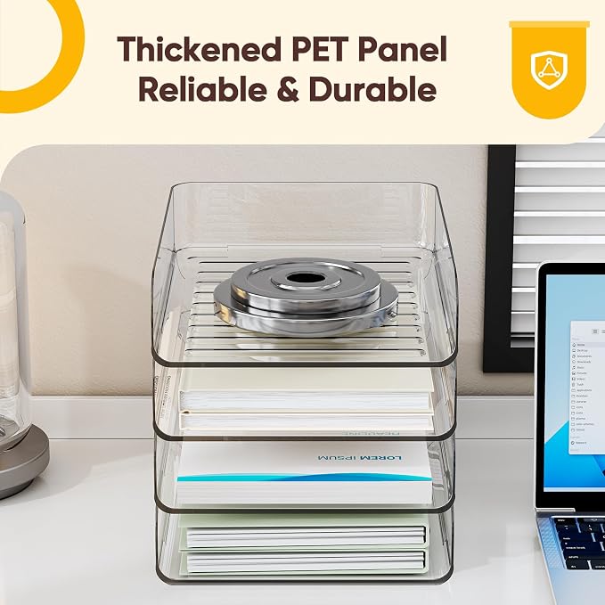 HIYOHIYO Clear Office Desk Organizer for A4 Letter Paper, 4-Tier Vertical | Stackable | Large Capacity | Sturdy Office DeskTtop Organizer for File Folder, Stable Home Desk Paper Holder and Storage