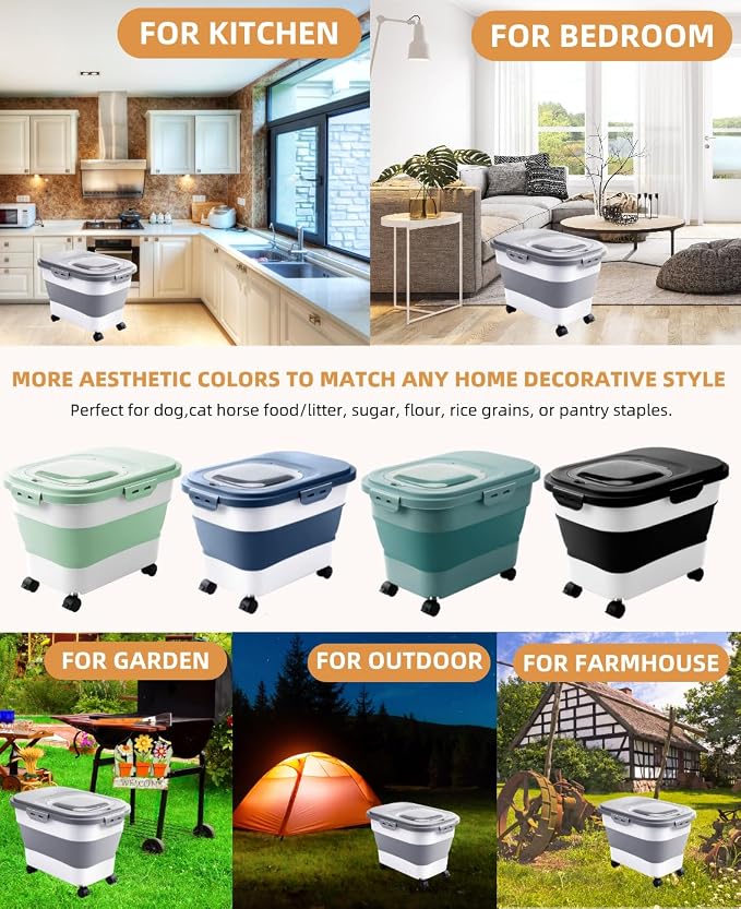 20-30 Lbs Rice Storage Container,Collapsible Food Storage Containers | Flour Storage Container with Wheels Airtight Locking Lid,Rice Container with Cup and Scoop,Suitable for Rice,Pet Food,Flour