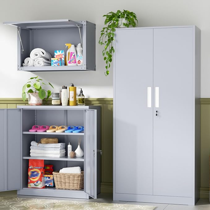 INTERGREAT Metal Storage Cabinet, 72" Locking Steel Cabinets with 2 Door and 4 Adjustable Shelves, Tall Metal Cabinet for Home Office, Garage, Warehouse,(Cement)