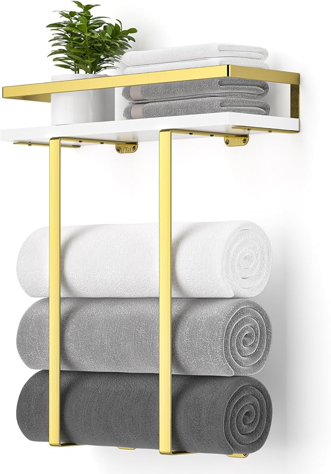 Towel Racks for Bathroom Wall Mounted, Metal Towel Holder with Wooden Shelf for Folding Large Towels, Towel Storage for Small Bathroom Organizer Decor or RV Camping,Golden