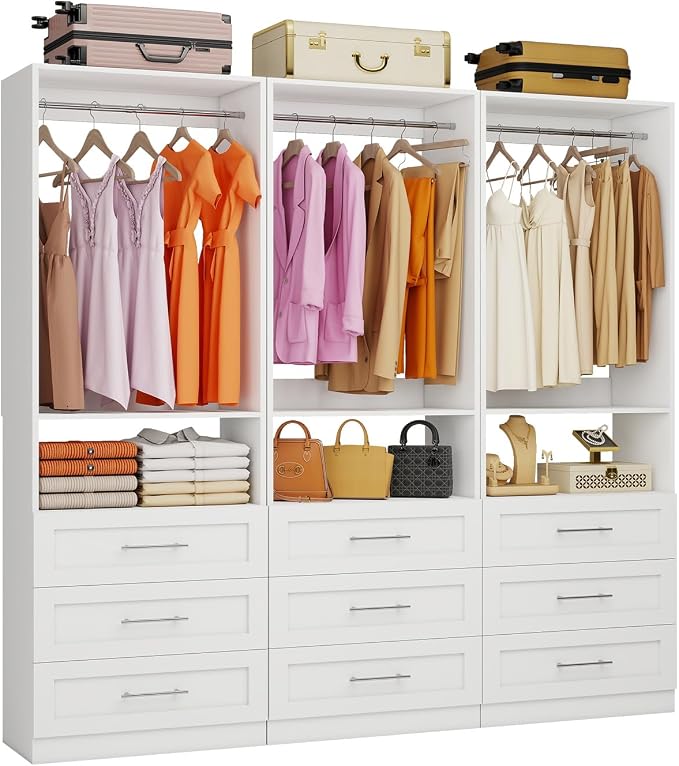 Closet System with 3 Sets, 6FT-15FT Customizable Closet Organizer System with 9 Drawers & 3 Shelves & 6 Hanging Rods, Modular L-Shaped Walk-in Closet or Freestanding Tower Closet Storage System, White
