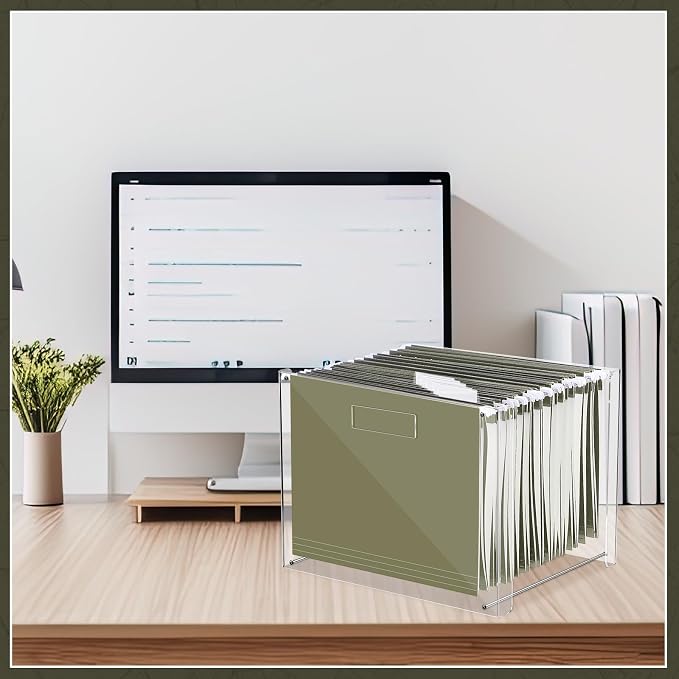 Dispowreath 24 Hanging File Folder with Acrylic Organizer for Letter/a4 Size Desktop Clear File Storage Box with Handles for Home Work Office Use (Green,Classic)