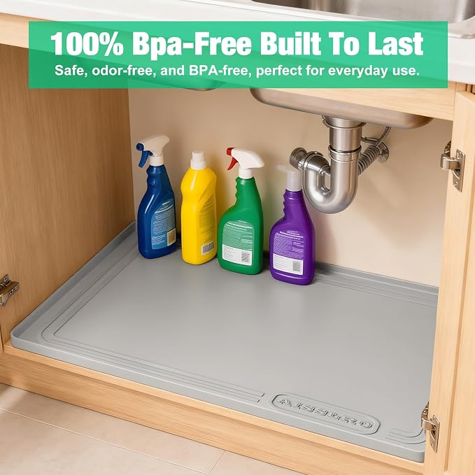 Under Sink Mat 25" X 19", Waterproof Silicone Cabinet Kitchen Liner, Gray | BPA-Free Raised-Edge Cabinet Protector & Leak Tray for Bathroom Cabinets, Boots, Pet Feeding Dog & Cat Mats, Dishwasher Safe