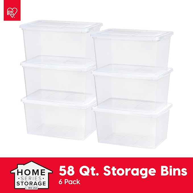 IRIS USA 6-Pack 58 Qt Storage Bins with Lids, Clear, Stackable | Perfect for moving, blankets, clothing and garage storage, nestable design, transparent design makes contents easy to find