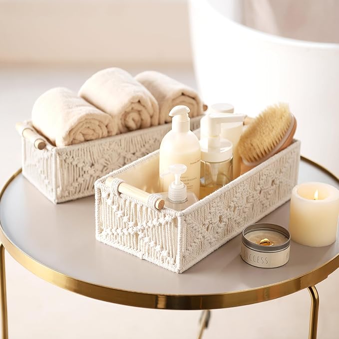 Mkono 2Pc Macrame Storage Baskets, Boho Bathroom Toilet Paper Holder, Ivory | Small Baskets for Organizing, Hand-Woven, Bohemian Beach Coastal Decor, Shelf Vanity Cabinet Bedroom Living Room Office Dorm