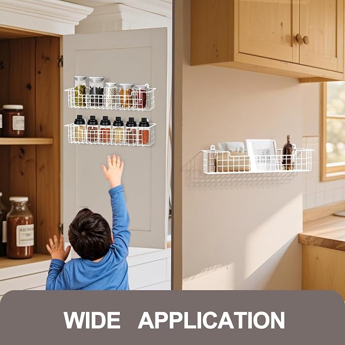 Spice Rack, 4-Pack Seasoning Organizer Wall Mount for Kitchen Storage Organization, Spice Holder Metal Shelf Saving Space for Cabinet, RV, Pantry, White