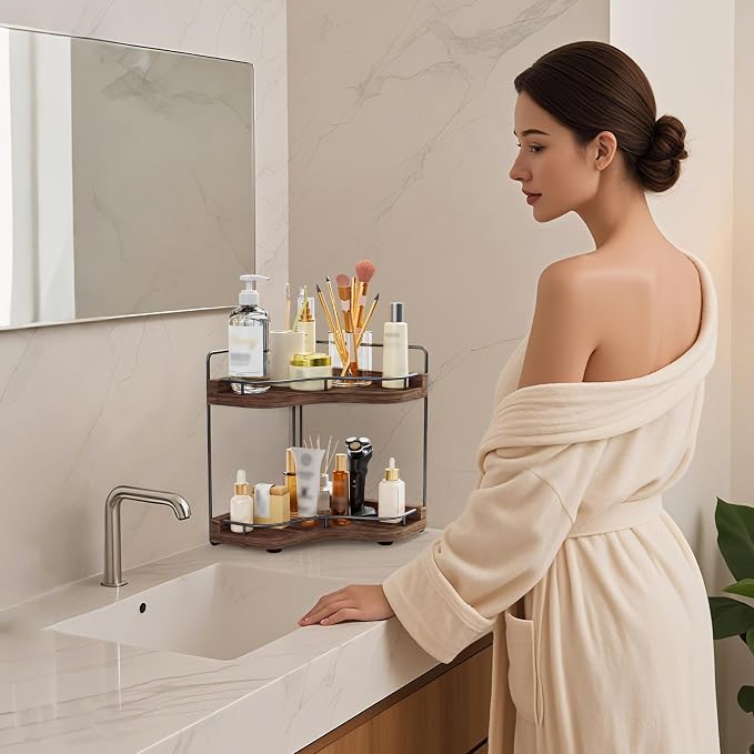 2-Tier Corner Bathroom Counter Organizer, Larger Size | Embedded Screw Holes, Sturdy & Stable, Oversized, Holds More, Vanity Shelf for Makeup & Skincare