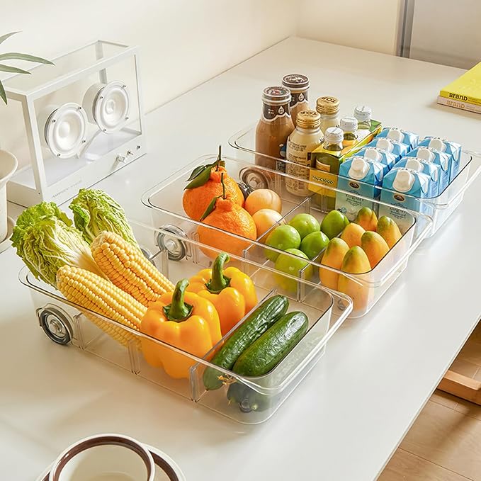 2Pack Roll Out Fridge Caddy Bins Pull Out Drawer with Wheels Refrigerator Organizer Bins with Handles Divided Fruit Caddy for Fridge Pantry Cabinet Storage Cans Drinks