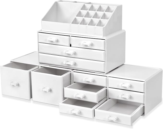 Sorbus Large Makeup Organizer - Stackable Jewelry & Makeup Organizer For Vanity, Bathroom Storage, Dresser - 12 Drawers Cosmetic Beauty Organizers and Storage with Lipstick, Makeup Brush Holder
