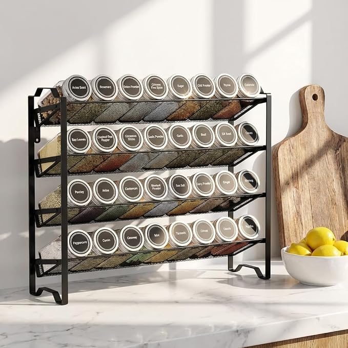 Simple Trending Spice Rack Organizer with 32 Empty Spice Jars, 64 Spice Labels, Chalk Marker and Funnel Set for Cabinet, Countertop, Kitchen, Pantry or Wall Mount, Black