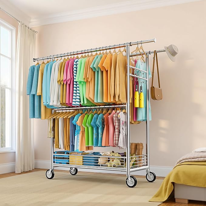 Heavy Duty Clothes Rack Load 960LBS, Three Rods Rolling Clothing Racks for Hanging Clothes, Rolling Garment Rack With Sturdy Wheels Shelves Hooks, Portable & Adjustable Commercial Garment Rack, Silver