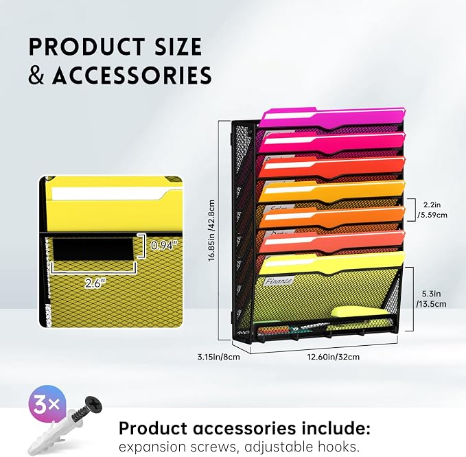 8-Tier Wall File Organizer with Base and Hooks, Hanging Organizer, Black | Wall Organizer and Wall File Holder with 8 Vertical Pockets and Bottom Tray for Files, Mail, Folders, Magazines and Paper