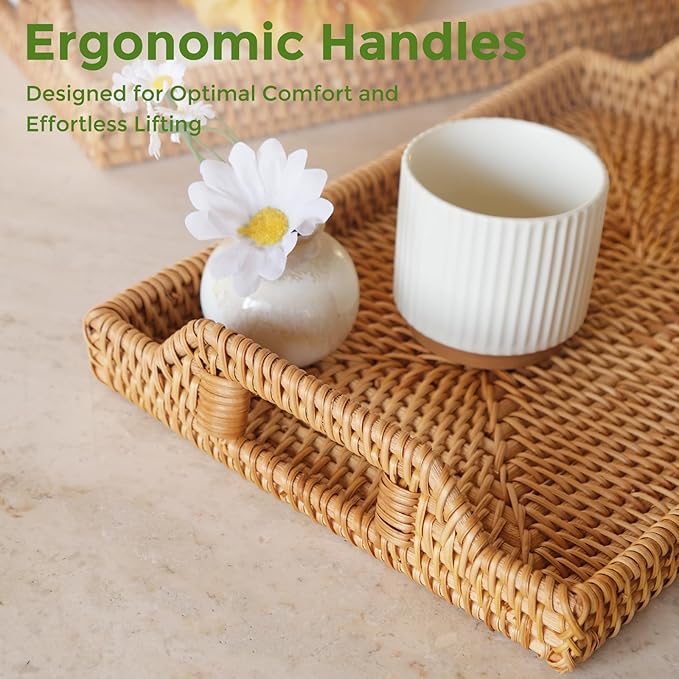 Rattan Serving Tray with Handles, Natural Woven Wicker Tray for Breakfast | Rattan Serving Rectangle Wicker Trays for Decor Coffee Table, 14.5" × 10"