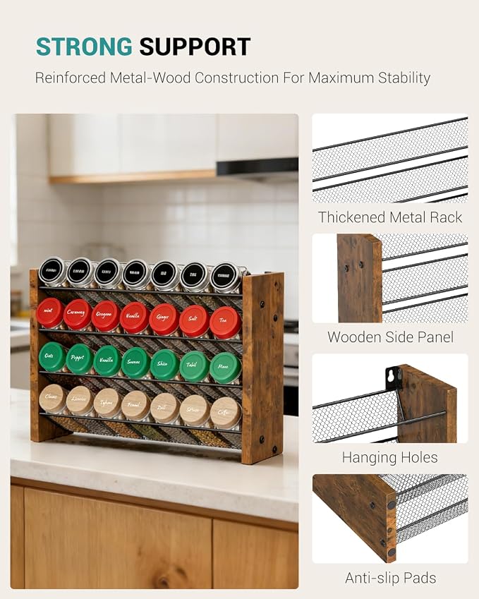 NESAPTO Spice Rack Organizer for Cabinet, Wood 4-Tier Vertical Seasoning Organizer, Wall Mount or Countertop Spice Shelf, Holds 28 Jars (No Jars Included), 14" W x 9.4" H