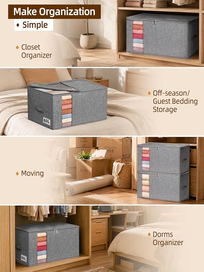 60L Rigid-Sided Blanket Storage Bags, 2 Pack, Gray | Rigid Sides and Bottom, Stackable Design, for Comforters, Quilts, Bedding, Pillows and Clothes, Closet and Dorm Organization