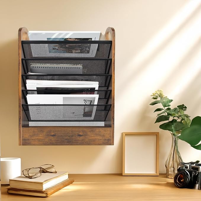 EHWINE Wall File Organizer, 6 Tier Hanging Wall File Organizer with Bottom Tray, Mail Organizer Wall Mount, Wooden Desk Organizer for Office or Home