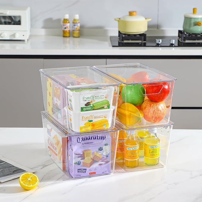 Freebat 6 Pack Clear Storage Bins with Lids, 7 Quart Pantry Organizer Bins | Stackable Plastic Storage Containers, Pantry Organization for Office, Bedroom, Cabinet, Fridge,Kitchen Organization