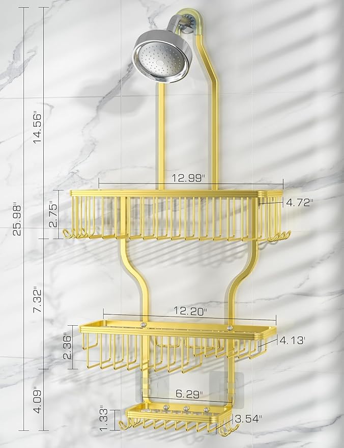 YASONIC Never Rust Shower Caddy Hanging, Aluminum Shower Racks for Inside Shower, 3-Tier Shower Organizer Hanging Over Shower Head with Hooks and Soap Holder, Gold