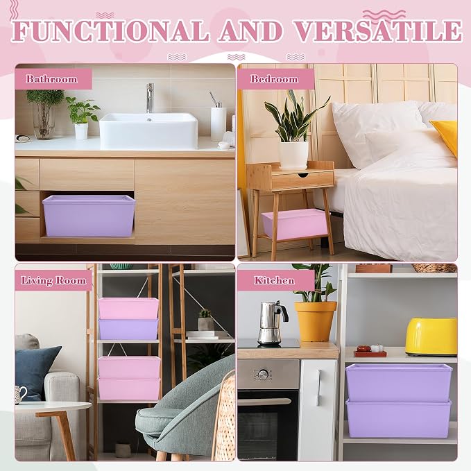 4 Pcs Storage Bins with Lids Plastic Stackable Containers for Classroom Room Organizing Shelves Christmas Ornament Box Baskets(Pink, Purple,Large)