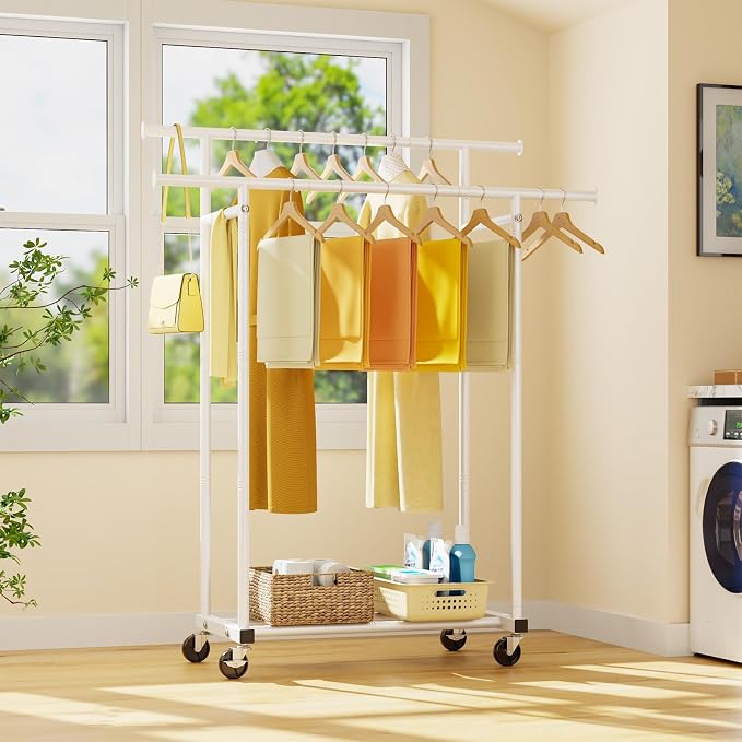 HYSEYY Double Rods Clothes Rack, Rolling Clothing Rack for Hanging Clothes Portable Wardrobe Rack, Metal Garment Rack Sturdy Coat Rack for Bedroom Laundry Living Room, White