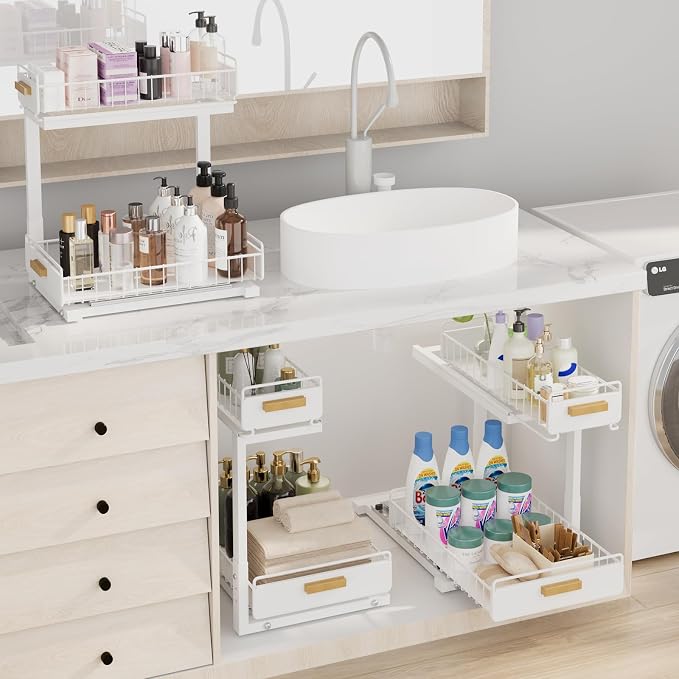 Under Sink Organizer 1 Pack Pull Out Cabinet Organizer with Ball Bearing Sliding Drawer 2 Tier Adjustable Storage Rack Heavy Duty for Kitchen Bathroom White