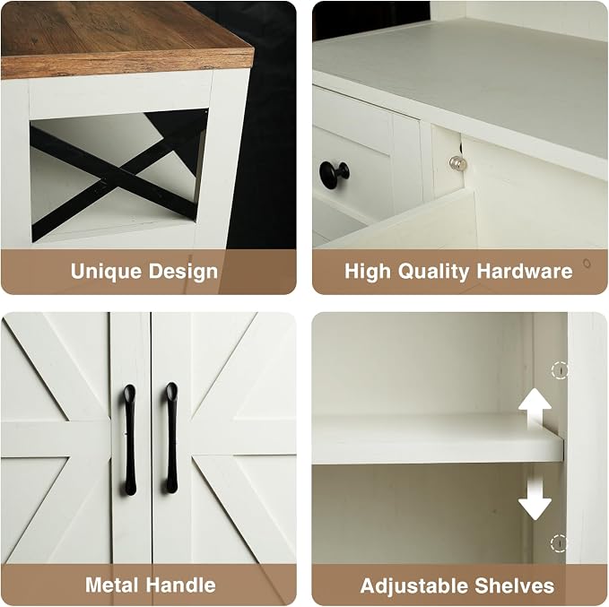 Farmhouse Storage Cabinet Set of 2, Small Kitchen Pantry Coffee Bar Cabinet | Accent Buffet Cabinet Cupboard, 2 Drawers, Barn Doors & Adjustable Shelves, for Kitchen/Entryway/Bathroom, Antique White
