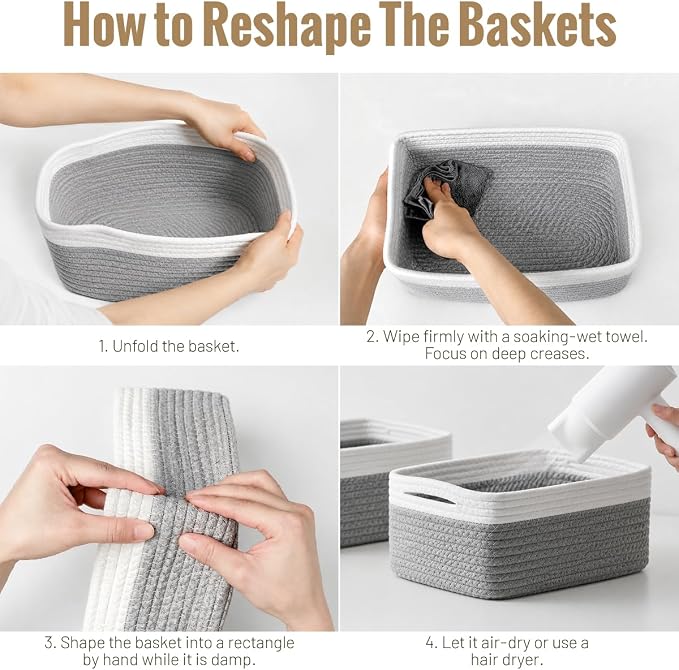 5 Pack Decorative Small Storage Baskets for Shelves, Cotton Rope Woven Basket for Organizing Bathroom, Nursery, Closet, Cabinet, Toys & Socks, Gift Baskets Empty, 11.8"x7.9"x4.7", Gray/White
