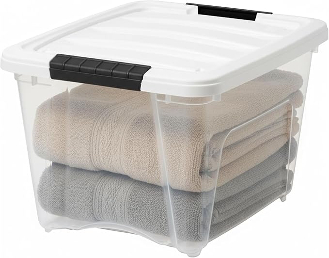 IRIS USA 19 Qt Stackable Plastic Storage Bins with Lids, 12 Pack - BPA-Free, Made in USA - See-Through Organizing Solution, Latches, Durable Nestable Containers, Secure Pull Handle - Clear/White