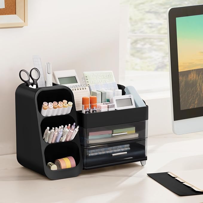 HBlife Desk Organizer with Pen Pencil Holder for Desk, Pen Organizer with 2 Drawers, Desk Organizers and Accessories with 4 Compartments, Desktop Storage for Office Home School Art Supplies, Black