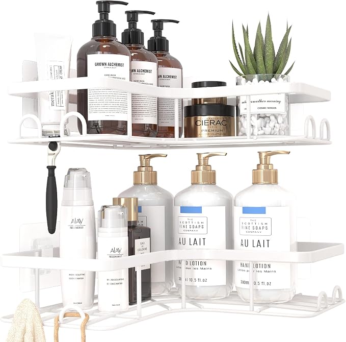 Sakugi Corner Shower Caddy - 2 Pack, Adhesive Shower Organizers, Rustproof Stainless Steel Shower Shelves with 8 Hooks, No Drilling Bathroom Organizers and Storage Racks, Space-Saving, White, Large