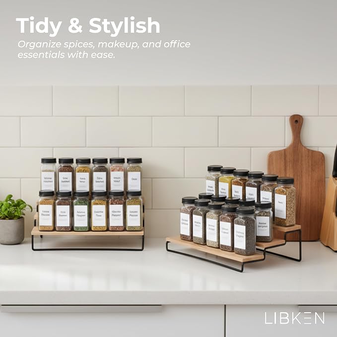 Tiered Spice Rack Organizer – Wood & Metal Countertop & Cabinet Spice Stand, Strong & Sturdy 3-Tier Shelf for Kitchen, Pantry, Seasoning Bottles – Minimal Scandinavian Design - Wood Brown