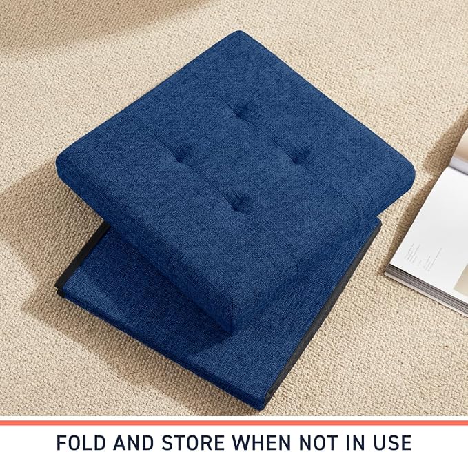 Ornavo Home 15 Inch Folding Storage Ottoman Cube, Tufted Linen, Navy Blue | Upholstered Cube with Lid; Foot Rest Stool; Ideal for Bedroom, Living Room or Entryway