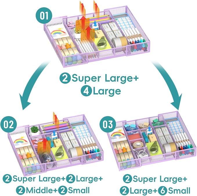 Expandable Desk Drawer Organizer, 10 Adjustable Compartment, Purple | Metal mesh drawer organizer tray with 5 removable dividers, expands from 8.74 to 16 in for office supplies, makeup or tools