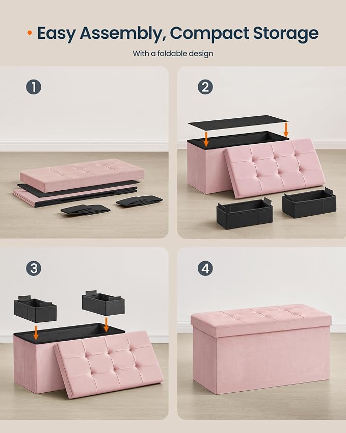 SONGMICS HOME Ottoman with Storage, Removable Lid, Folding Storage Chest, Easy Assembly, for Entryway, Bedroom, Living Room, 15.2 x 30.2 x 15.2 Inches, Velvet, Pink