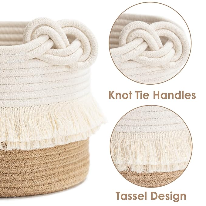 CherryNow Small Woven Rope Baby Basket with Tassel, 9.5" x 7", Jute | Cute Storage Basket for Baby Shower, Toys & Daily Essentials, Fits Nursery Living Room Decor, with Knotted Handles