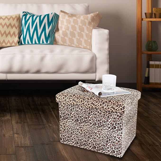 ALASDO Ottoman Storage Ottoman Footrest Stool Foldable Foot Rest Footstool Bench for Living Room 17x13x13inches Leopard Print