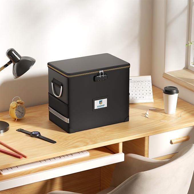 Fireproof File Organizer with Lock, Hard Safe Document Box, Black | Includes 10 Hanging File Folders for Letter Size, Filing Cabinet with Fireproof Zippers & Threads, 0.58 Cubic Feet