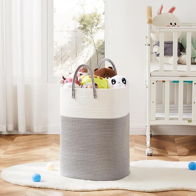 Laundry Basket,Woven Cotton Rope Laundry Hamper,Versatile Storage for Dirty Clothes,Baby Toys,and Blankets in Bathroom, Nursery,and Living Room (Grey, 60L)