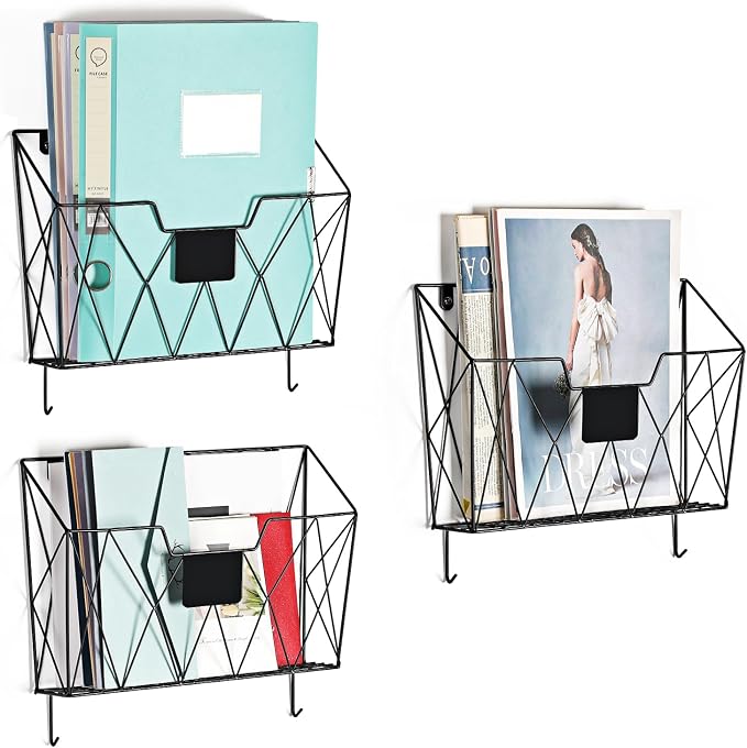 6 Pack Wall File Organizer, Wall File Pocket Mail Organizer for Office/Home | Hanging Metal Vertical Wall Mounted File Holder, Mail Paper Document Folder, Label Slots & Hooks, Rust-proof & Space-Saving