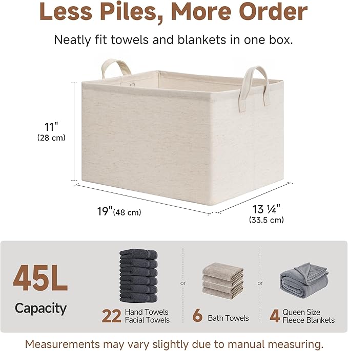 StorageWorks Storage Bins, Shelves Baskets for Organizing, 45L Extra Large Fabric Closet Organizers with Handles, Metal Frame, Beige-Cotton-linen, 2-Pack